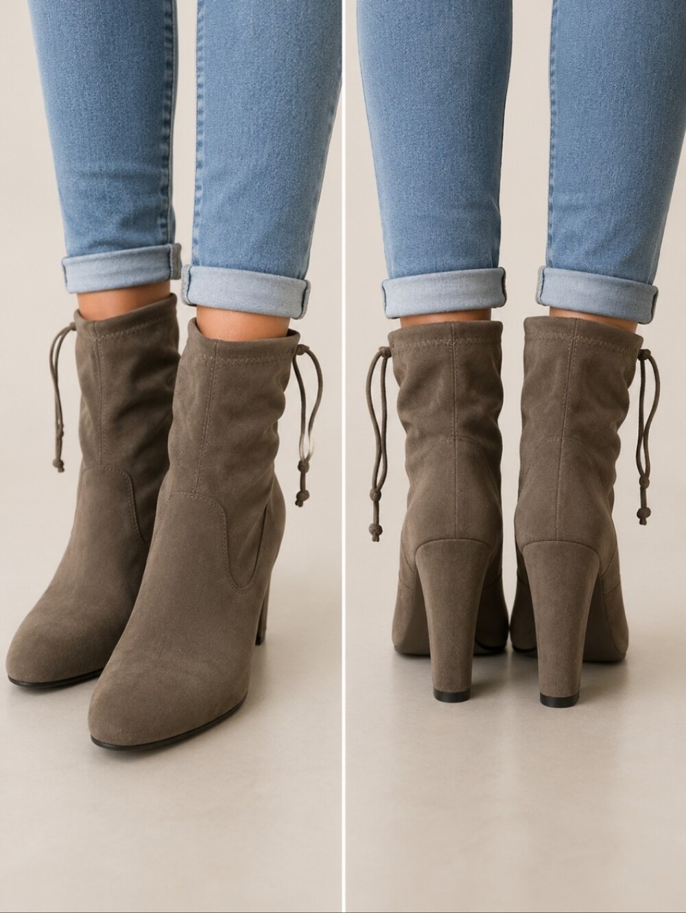 Taupe Slouchy Lace Back Heeled Ankle Boots Pointed Toe Size 8 Boho Chic